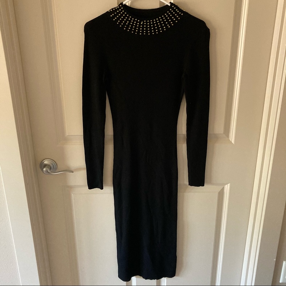 Modest Black Ribbed Bodycon Midi with Gold Accents